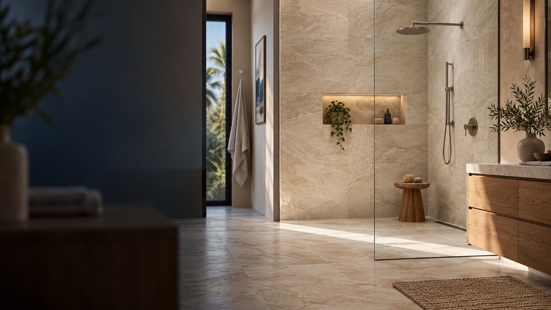 Ivory stone-look tile bathroom with a walk-in shower
